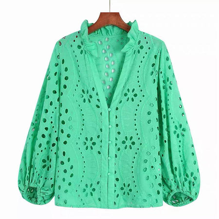Marianna Premium Eyelet Blouse - front shot on hanger, green - Miss Mosa By Akanksha