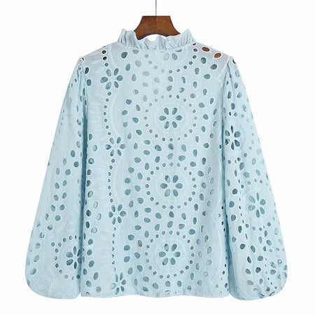 Marianna Premium Eyelet Blouse - back shot on hanger, light blue - Miss Mosa By Akanksha