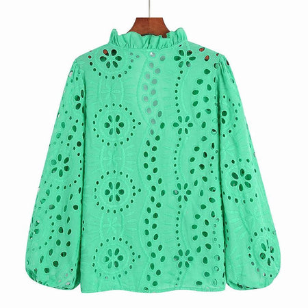 Marianna Premium Eyelet Blouse - back shot on hanger, green - Miss Mosa By Akanksha