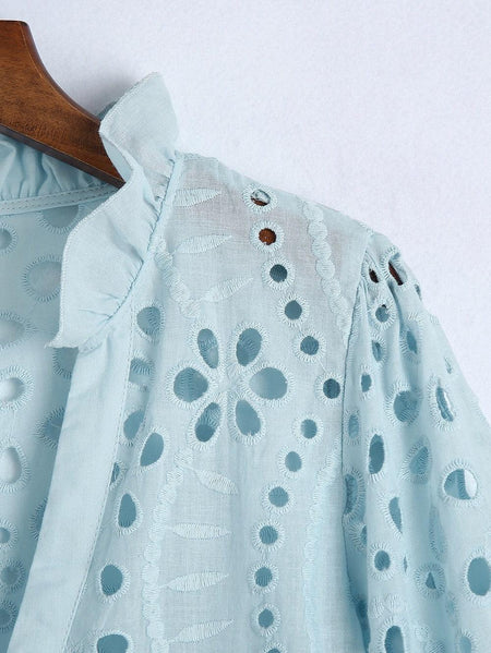 Marianna Premium Eyelet Blouse - close-up of eyelet detail, light blue - Miss Mosa By Akanksha
