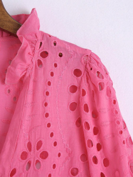 Marianna Premium Eyelet Blouse - close-up of eyelet detail, pink - Miss Mosa By Akanksha