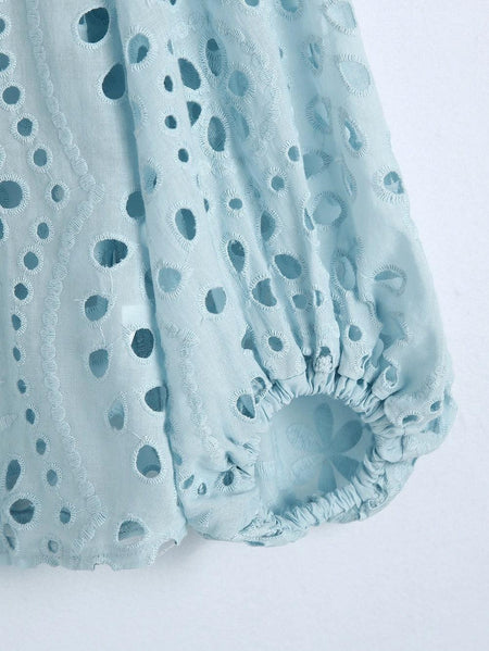 Marianna Premium Eyelet Blouse - close-up of cuff detail, light blue - Miss Mosa By Akanksha