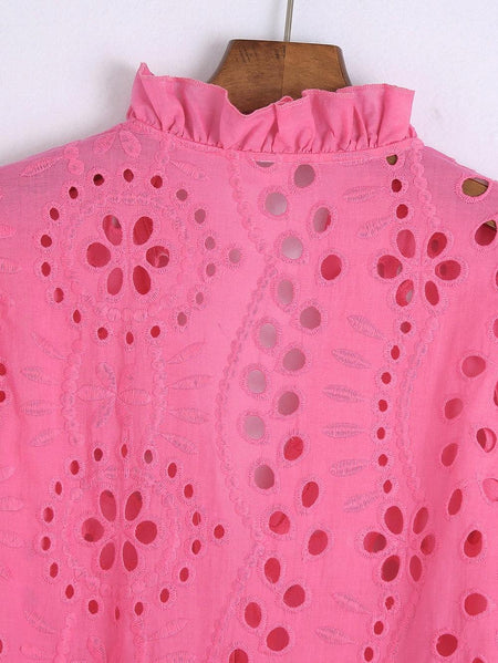 Marianna Premium Eyelet Blouse - close-up of eyelet detail, pink - Miss Mosa By Akanksha