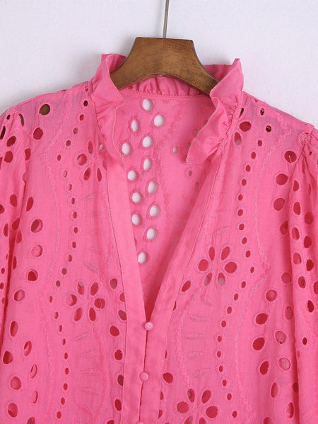 Marianna Premium Eyelet Blouse - close-up of neckline, pink - Miss Mosa By Akanksha