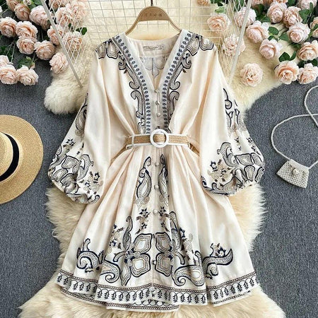 Marigold Vintage Dress In Beige - front shot on hanger, beige - Miss Mosa By Akanksha