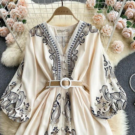 Marigold Vintage Dress In Beige - front shot on hanger, beige - Miss Mosa By Akanksha