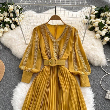 Meredith Statement Dress - flat-lay product shot on hanger, yellow - Miss Mosa By Akanksha