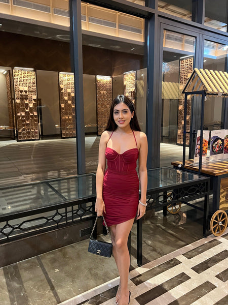 Merwin Corset Bodycon Dress in Maroon - lifestyle shot on model, maroon - Miss Mosa By Akanksha