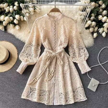Mexicano Luxury Lace Dress In Beige - styled flat-lay shot, beige - Miss Mosa By Akanksha