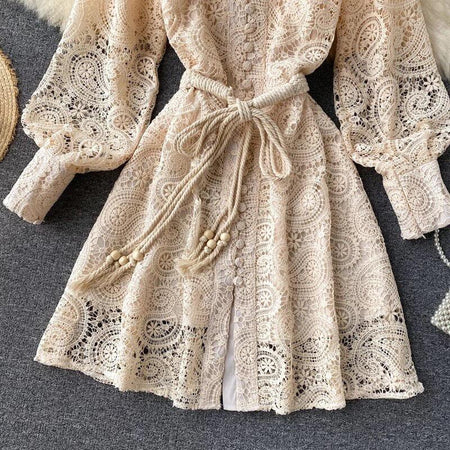 Mexicano Luxury Lace Dress In Beige - close-up of waist tie, beige - Miss Mosa By Akanksha