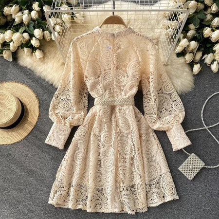 Mexicano Luxury Lace Dress In Beige - styled flat-lay shot, beige - Miss Mosa By Akanksha