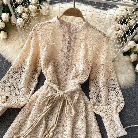 Mexicano Luxury Lace Dress In Beige - close-up of lace bodice, beige - Miss Mosa By Akanksha