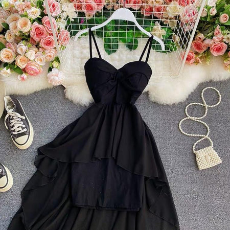 Miana Hi Low Dress - styled flat-lay shot, black - Miss Mosa By Akanksha
