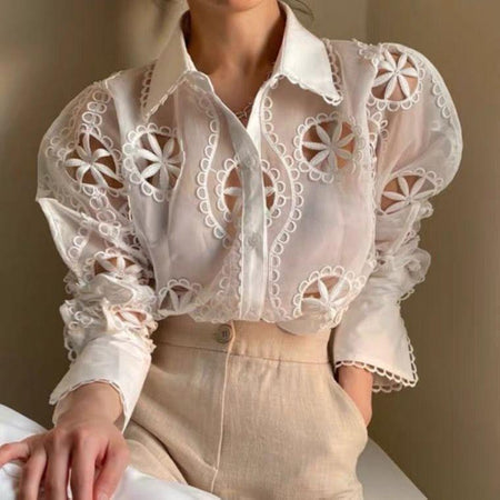 Milan Eyelet Blouse In White - front shot on model, white - Miss Mosa By Akanksha