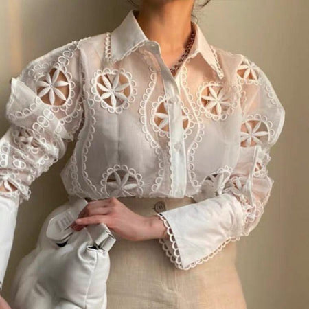 Milan Eyelet Blouse In White - front shot on model, white - Miss Mosa By Akanksha