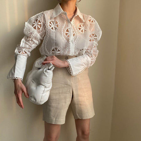 Milan Eyelet Blouse In White - front shot on model, white - Miss Mosa By Akanksha