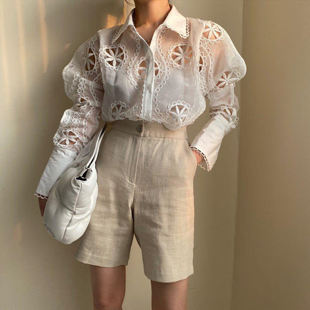 Milan Eyelet Blouse In White - front shot on model, white - Miss Mosa By Akanksha