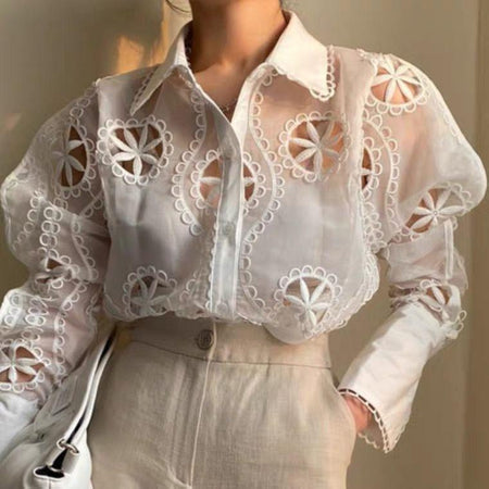 Milan Eyelet Blouse In White - front shot on model, white - Miss Mosa By Akanksha