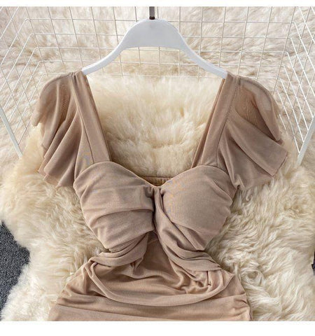 Milano Bodycon Dress - close-up of bodice, beige - Miss Mosa By Akanksha