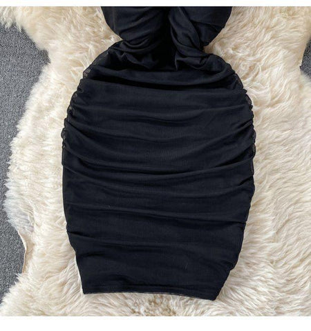 Milano Bodycon Dress - close-up of ruched skirt, black - Miss Mosa By Akanksha