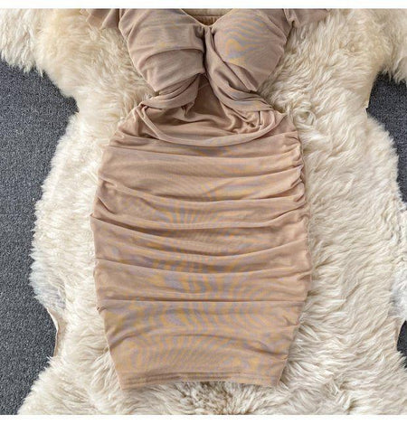 Milano Bodycon Dress - close-up of ruched skirt, beige - Miss Mosa By Akanksha