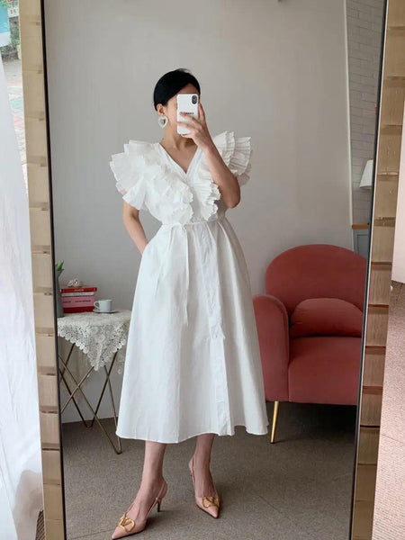 Mimi Ruffled Cotton Dress - full-length shot on model, white - Miss Mosa By Akanksha