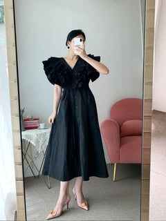 Mimi Ruffled Cotton Dress - full-length shot on model, black - Miss Mosa By Akanksha