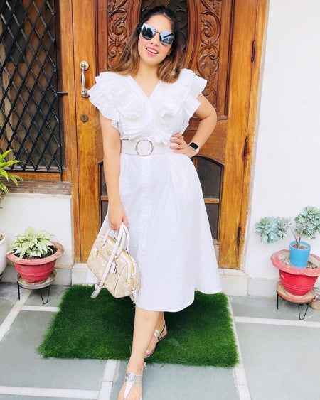 Mimi Ruffled Cotton Dress - full-length shot on model, white - Miss Mosa By Akanksha