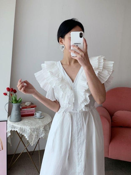 Mimi Ruffled Cotton Dress - front shot on model, white - Miss Mosa By Akanksha