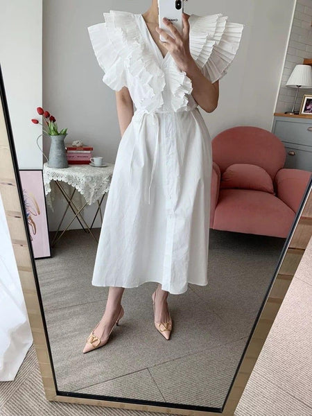 Mimi Ruffled Cotton Dress - full-length shot on model, white - Miss Mosa By Akanksha