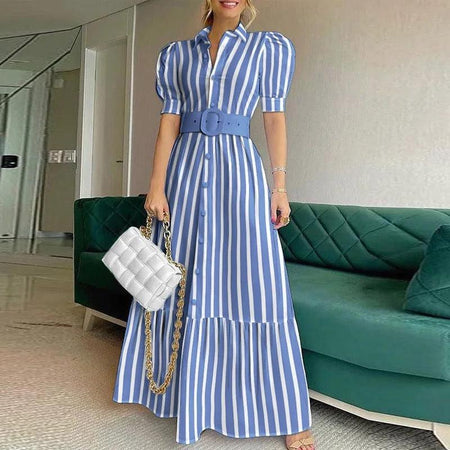 Misa Striped Statement Dress In Blue - front shot on model, blue - Miss Mosa By Akanksha