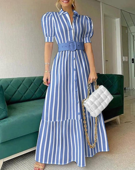 Misa Striped Statement Dress In Blue - front shot on model, blue - Miss Mosa By Akanksha