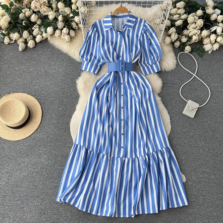 Misa Striped Statement Dress In Blue - styled flat-lay shot, blue - Miss Mosa By Akanksha