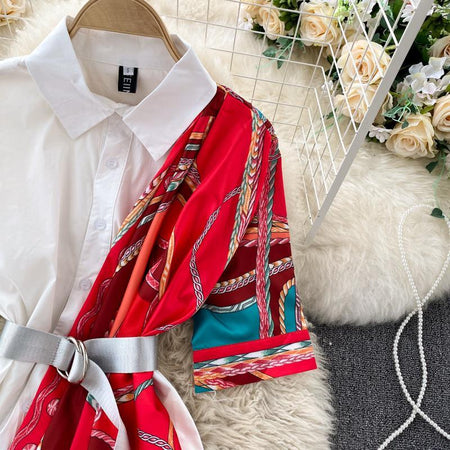 Monophil Scarf Dress - close-up of scarf print detail, white - Miss Mosa By Akanksha