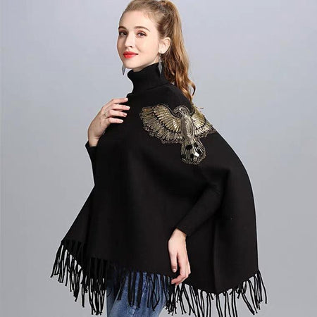 Moonlight Tassel Embellished Capes - back shot on model, black - Miss Mosa By Akanksha
