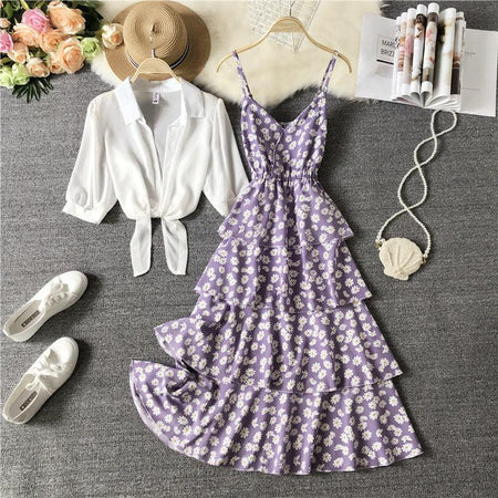 Morocco Floral Dress with Cape - styled flat-lay shot, purple - Miss Mosa By Akanksha