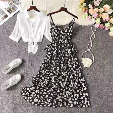 Morocco Floral Dress with Cape - styled flat-lay shot, black - Miss Mosa By Akanksha