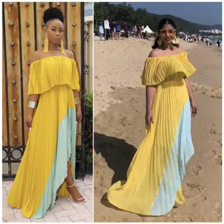 Mosley Pleated Holiday Maxi In Yellow and Blue - full-length shot on model, yellow - Miss Mosa By Akanksha