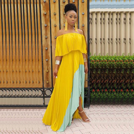 Mosley Pleated Holiday Maxi In Yellow and Blue - full-length shot on model, yellow - Miss Mosa By Akanksha