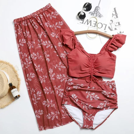 Mykonos 3 Piece Swimsuit - styled flat-lay shot, wine - Miss Mosa By Akanksha