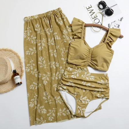 Mykonos 3 Piece Swimsuit - styled flat-lay shot, mustard - Miss Mosa By Akanksha