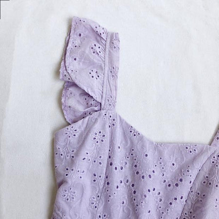 Mykonos Eyelet Dress - close-up of shoulder ruffle, lilac - Miss Mosa By Akanksha