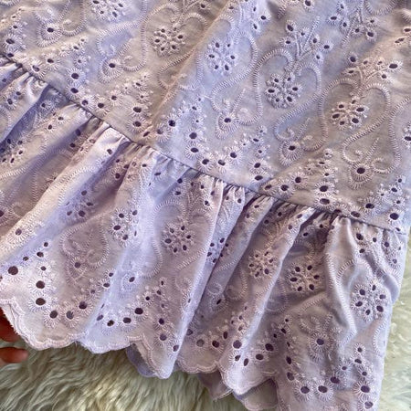 Mykonos Eyelet Dress - close-up of hem ruffle, lilac - Miss Mosa By Akanksha