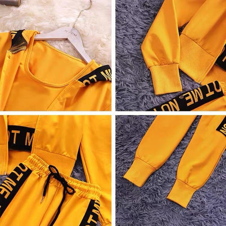 Not Me Luxury Tracksets - close-up of branded trim, yellow - Miss Mosa By Akanksha