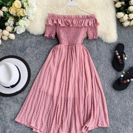 Off Shoulder Florida Dress - styled flat-lay shot, pink - Miss Mosa By Akanksha