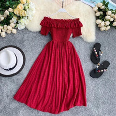 Off Shoulder Florida Dress - styled flat-lay shot, red - Miss Mosa By Akanksha