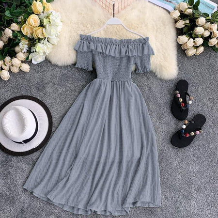 Off Shoulder Florida Dress - styled flat-lay shot, grey - Miss Mosa By Akanksha