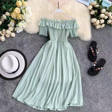 Off Shoulder Florida Dress - styled flat-lay shot, mint green - Miss Mosa By Akanksha