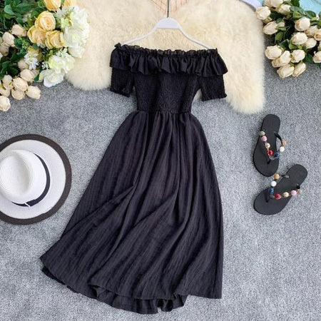Off Shoulder Florida Dress - styled flat-lay shot, black - Miss Mosa By Akanksha