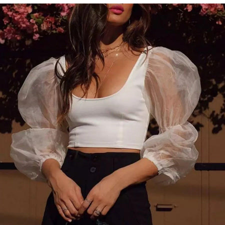 Organza Mia Mia Blouses - lifestyle shot on model, white - Miss Mosa By Akanksha